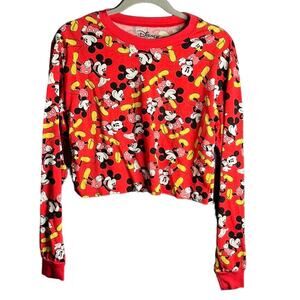 Disney Red Mickey Mouse Cropped Crewneck Long Sleeve Shirt Size Small